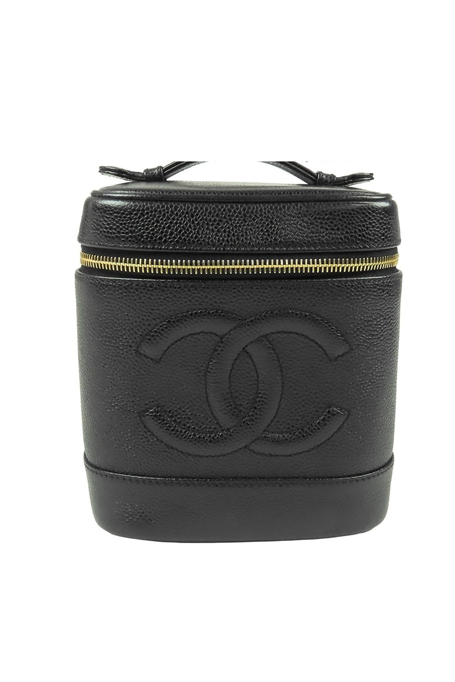 Chanel Vanity Bag Black Gold Caviar Leather CC Logo Handbag
